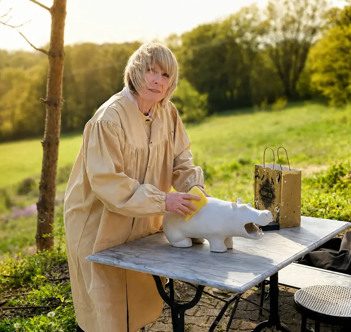 Marie-Noëlle Tessier réalisant une cuisson Raku en extérieur dans son atelier de sculpture