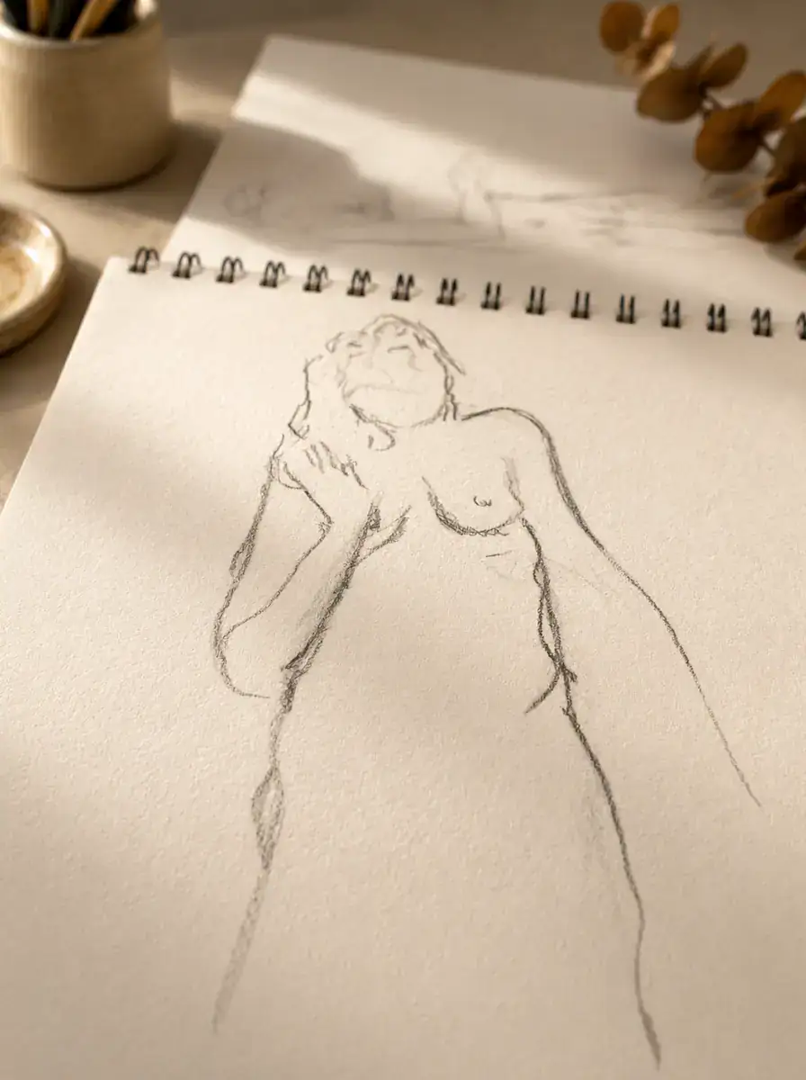 Croquis de nu féminin sur carnet de dessin — travail préparatoire de Marie-Noëlle Tessier