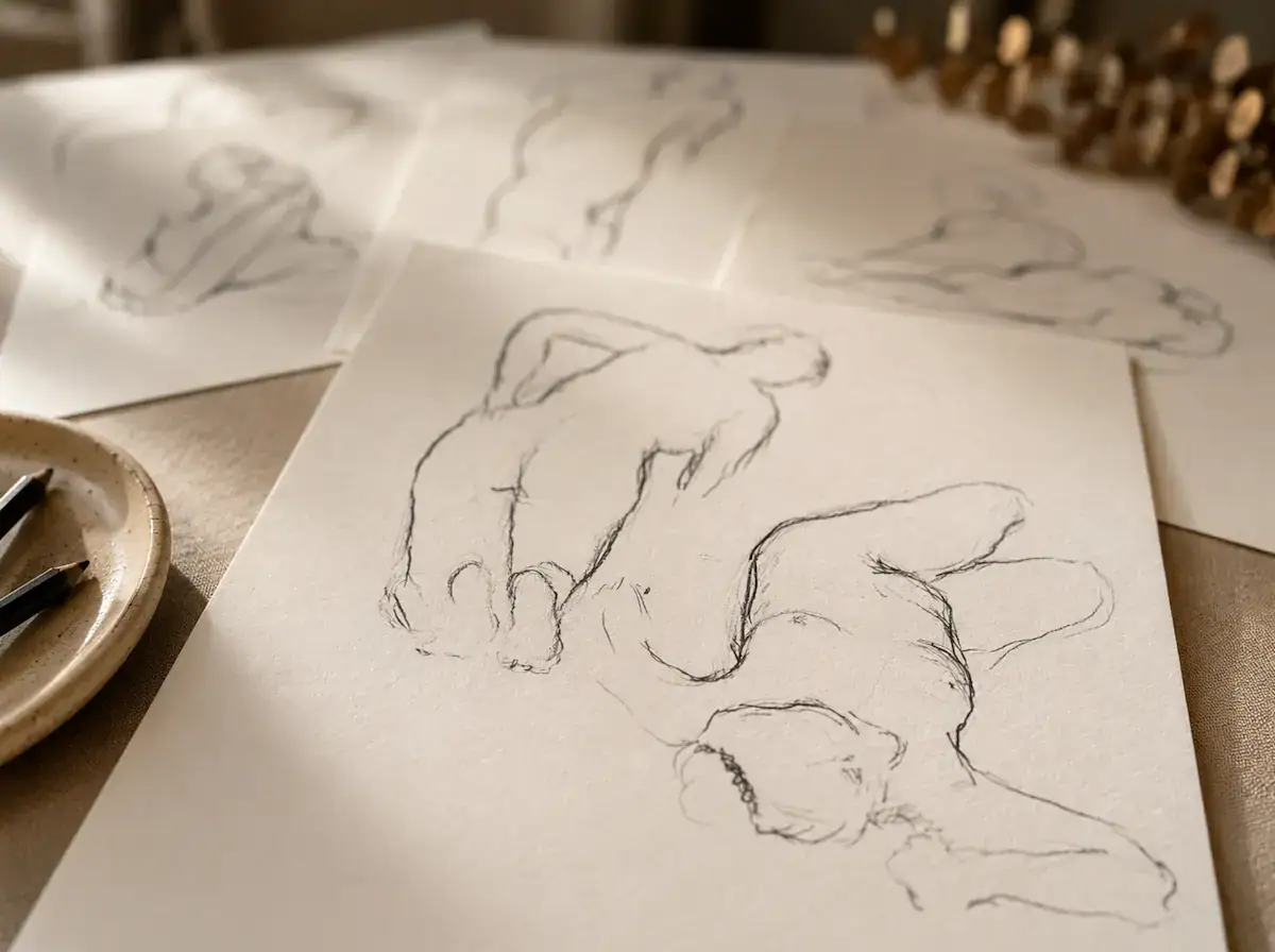 Croquis de nus féminins sur modèle vivant — atelier de Marie-Noëlle Tessier