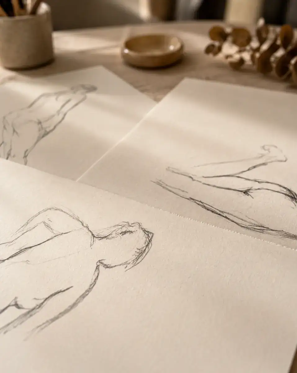 Étude de lignes et de postures — croquis de Marie-Noëlle Tessier
